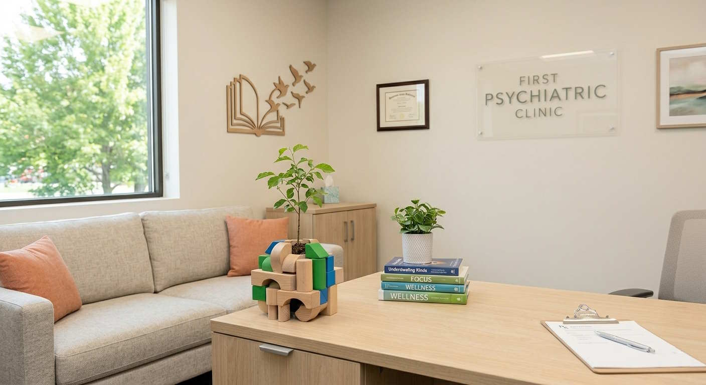 Calming consultation room at First Psychiatry Clinic Dubai.