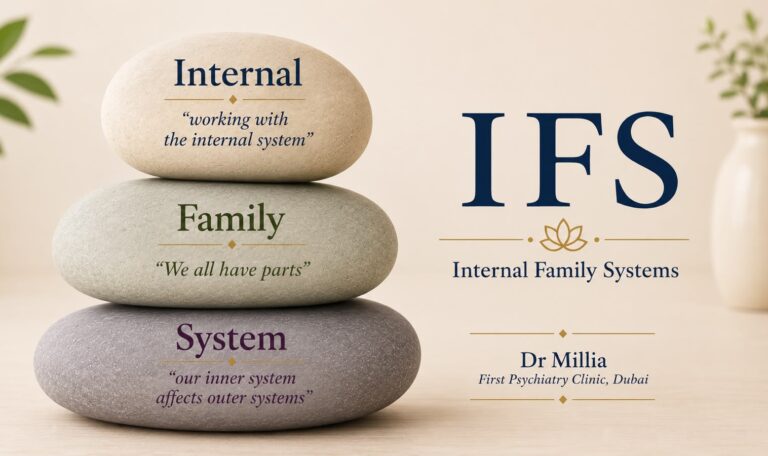 Internal Family Systems IFS therapy model stone stack illustration for Dr. Millia Begum in Dubai